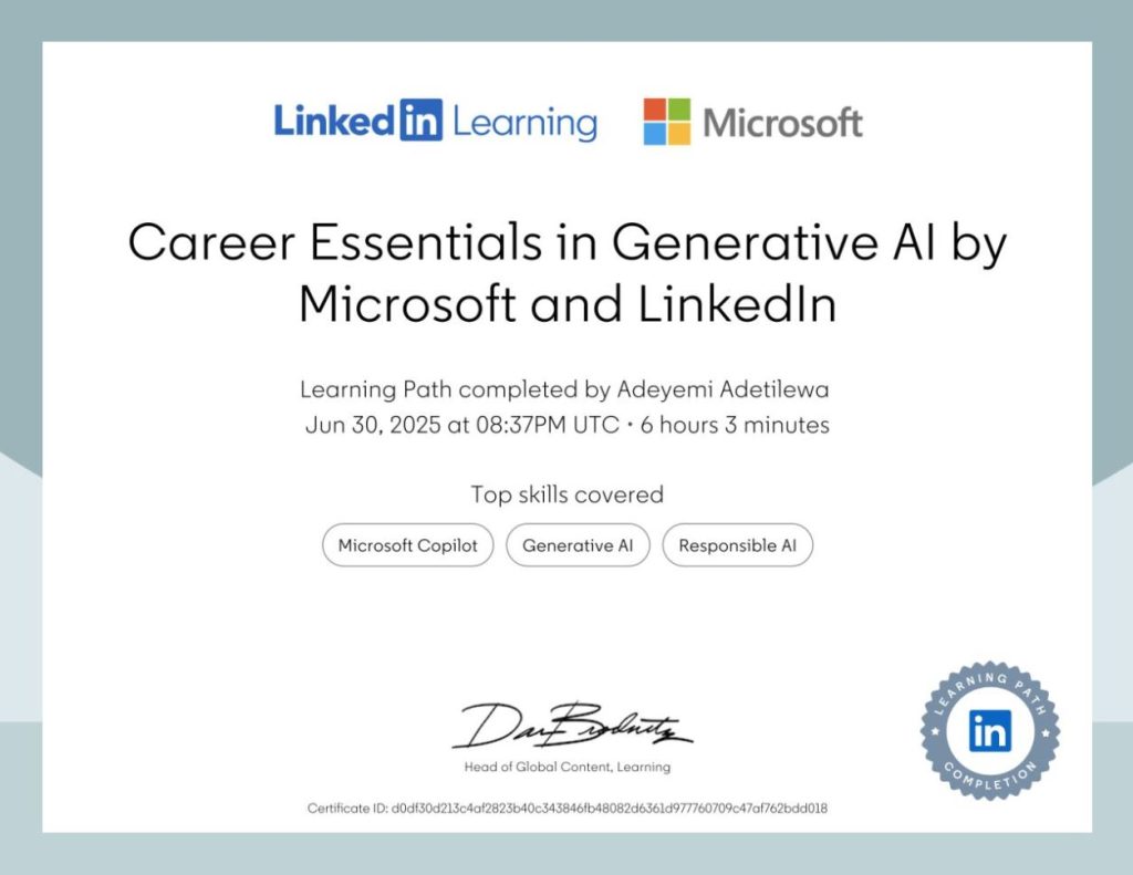 Career Essentials in Generative AI by Microsoft and LinkedIn Professional Certificate by Adeyemi Adetilewa