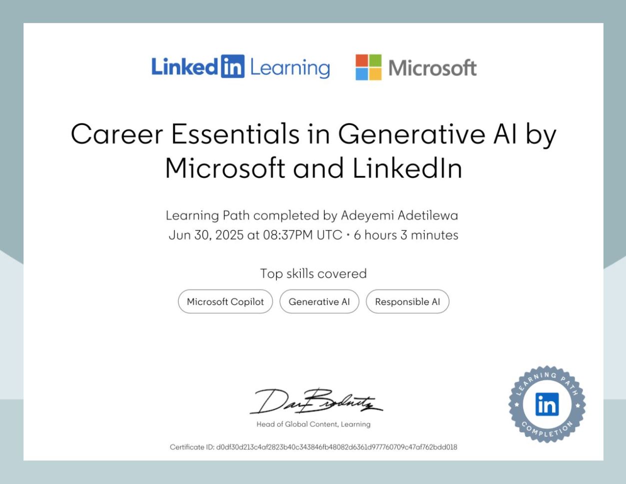 Career Essentials in Generative AI by Microsoft and LinkedIn Professional Certificate by Adeyemi Adetilewa